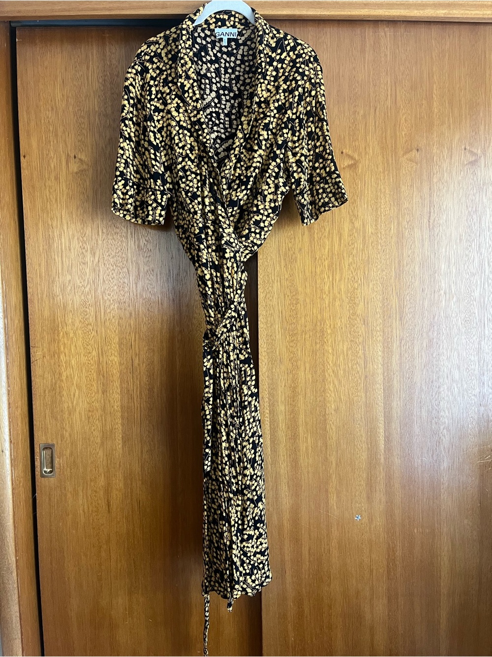 Ganni Black and Yellow Printed Wrap Dress with Tie Waist
